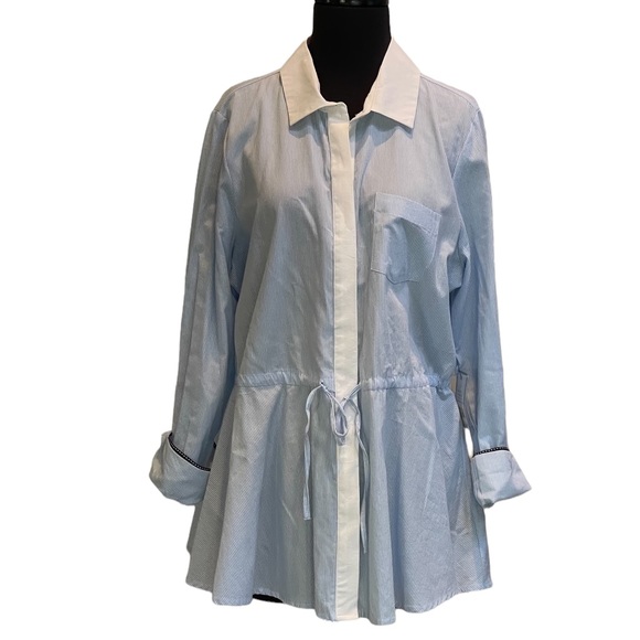 Crown & Ivy Button Up Shirt Sz L Blue White  Pinstripe Drawstring Waist NWT - Picture 1 of 15